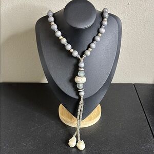 Stone Beaded Lariat Silver Tome Baroque Pearls Unique Necklace Handcrafted​​